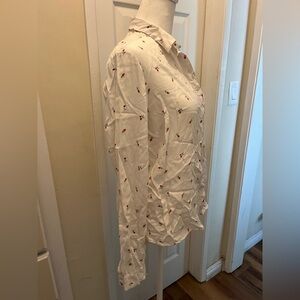 White Button-Up Shirt with Red Floral Print